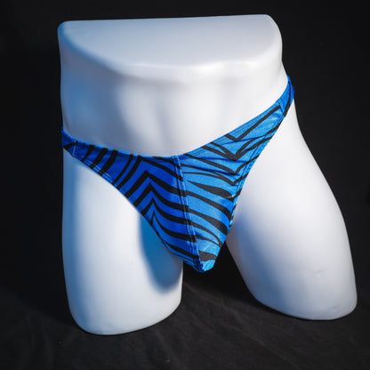 Men's shiny blue zebra stripe thong underwear, classic cut,  full front view.