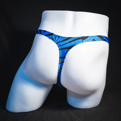 Men's shiny blue zebra stripe thong underwear, classic cut,  full rear view.