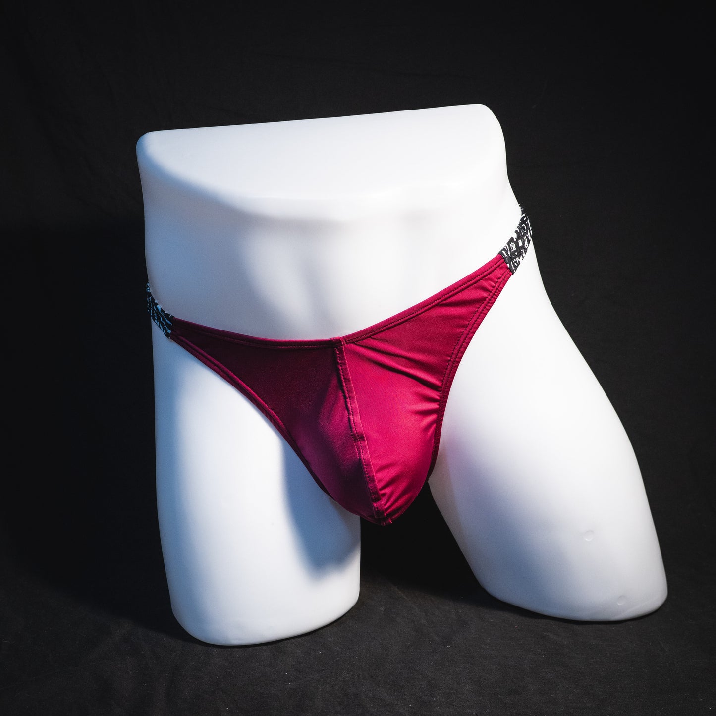 Men's silky maroon thong underwear, classic cut, Full front view