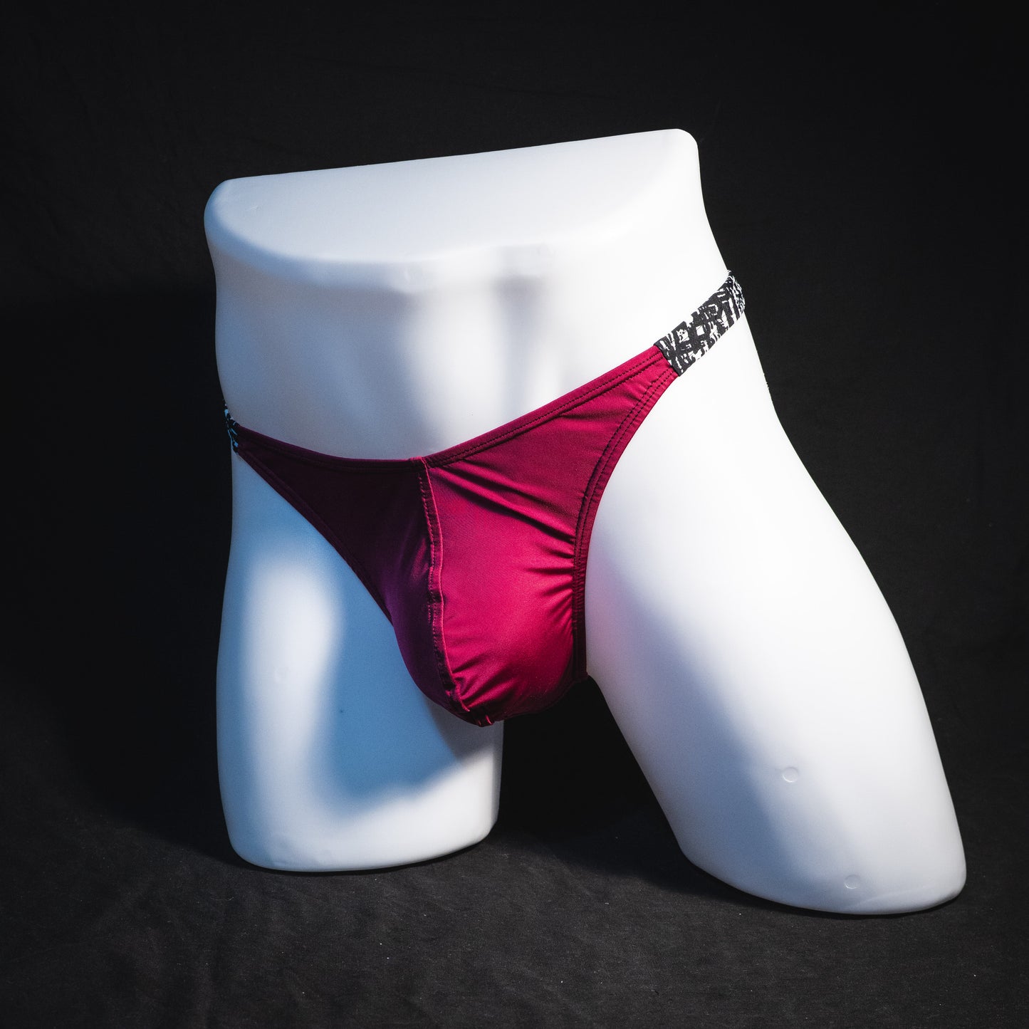 Men's silky maroon thong underwear, classic cut, Full front angled
