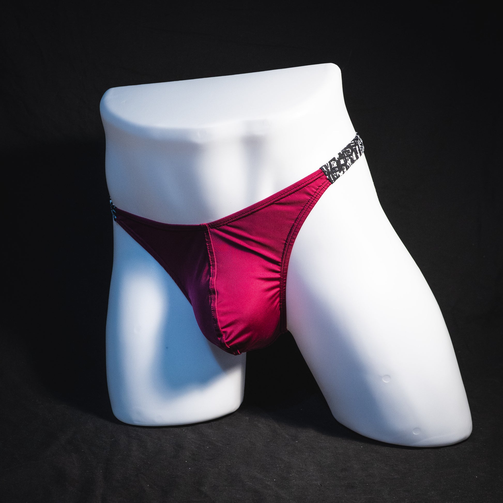 Men's silky maroon thong underwear, classic cut, Full front angled