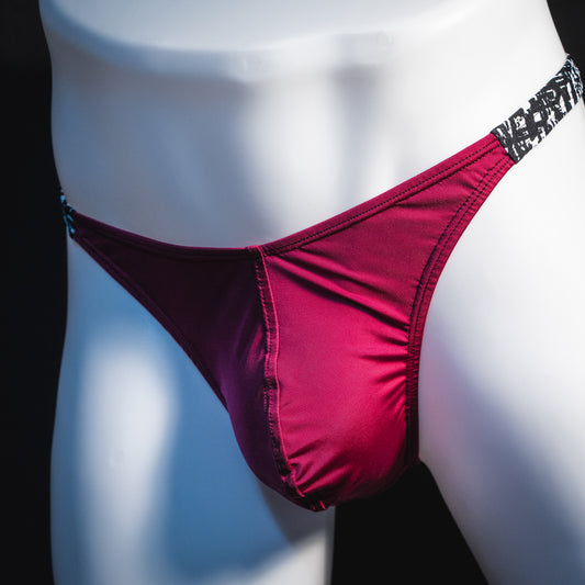 Men's silky maroon thong underwear, classic cut, Front angled view