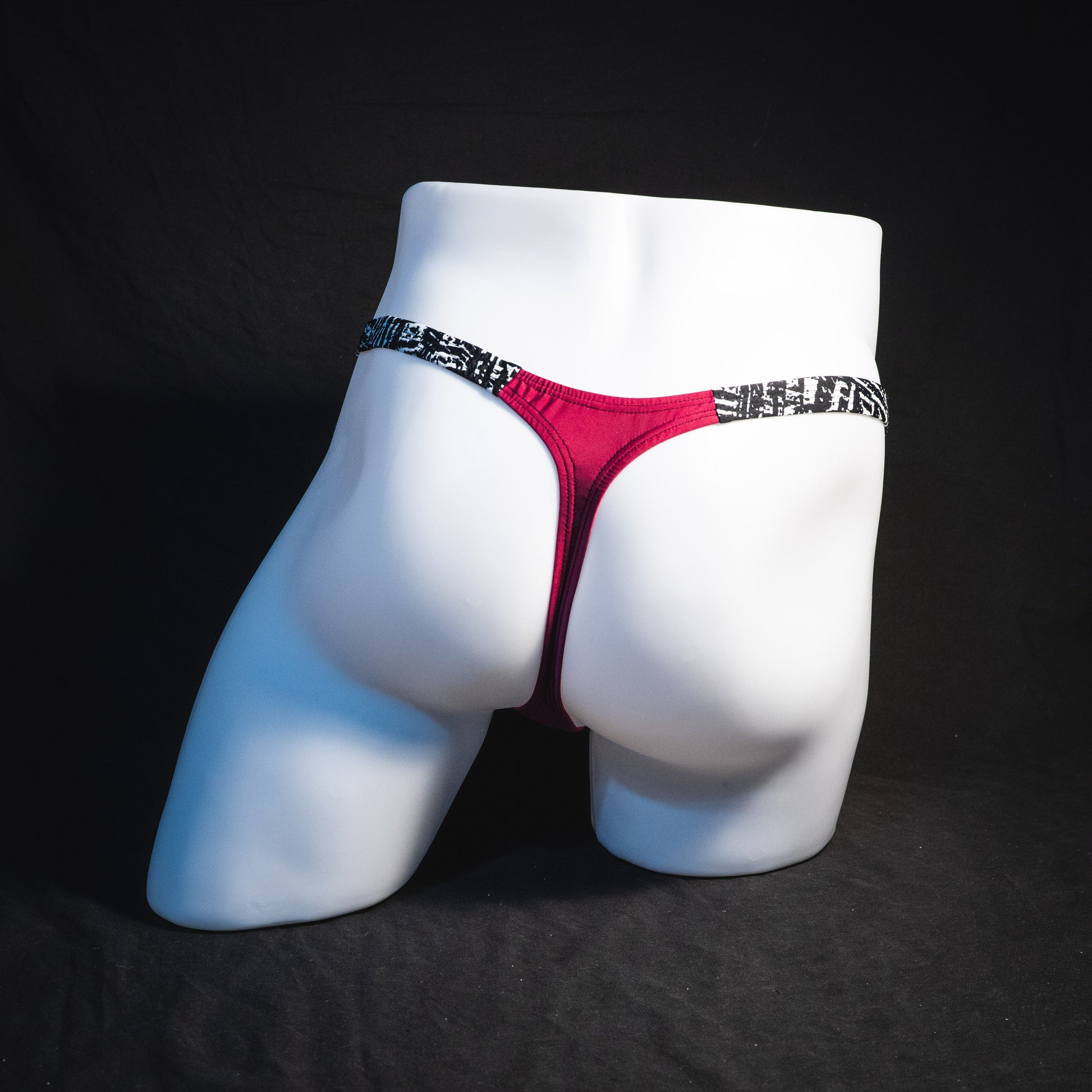 Men's silky maroon thong underwear, classic cut, Full rear view