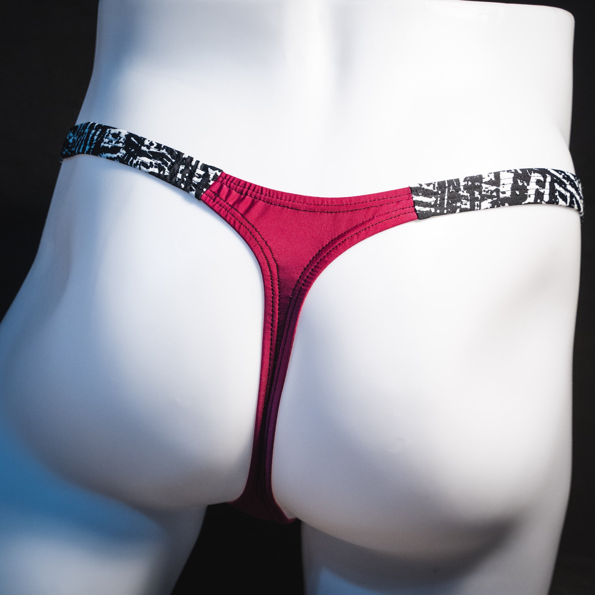 Men's silky maroon thong underwear, classic cut, Rear view