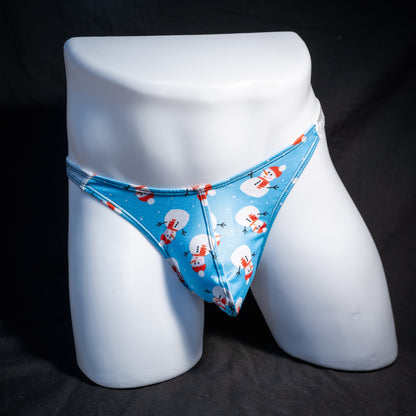 Men's Snowmen themed christmas thong underwear, classic cut, front view.