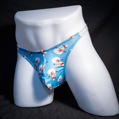 Men's Snowmen themed christmas thong underwear, classic cut, front view.