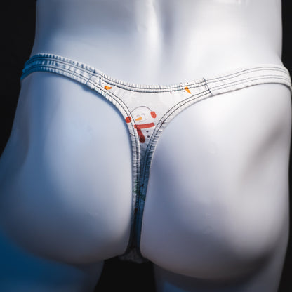 Men's snowmen thong underwear, classic cut, rear view.