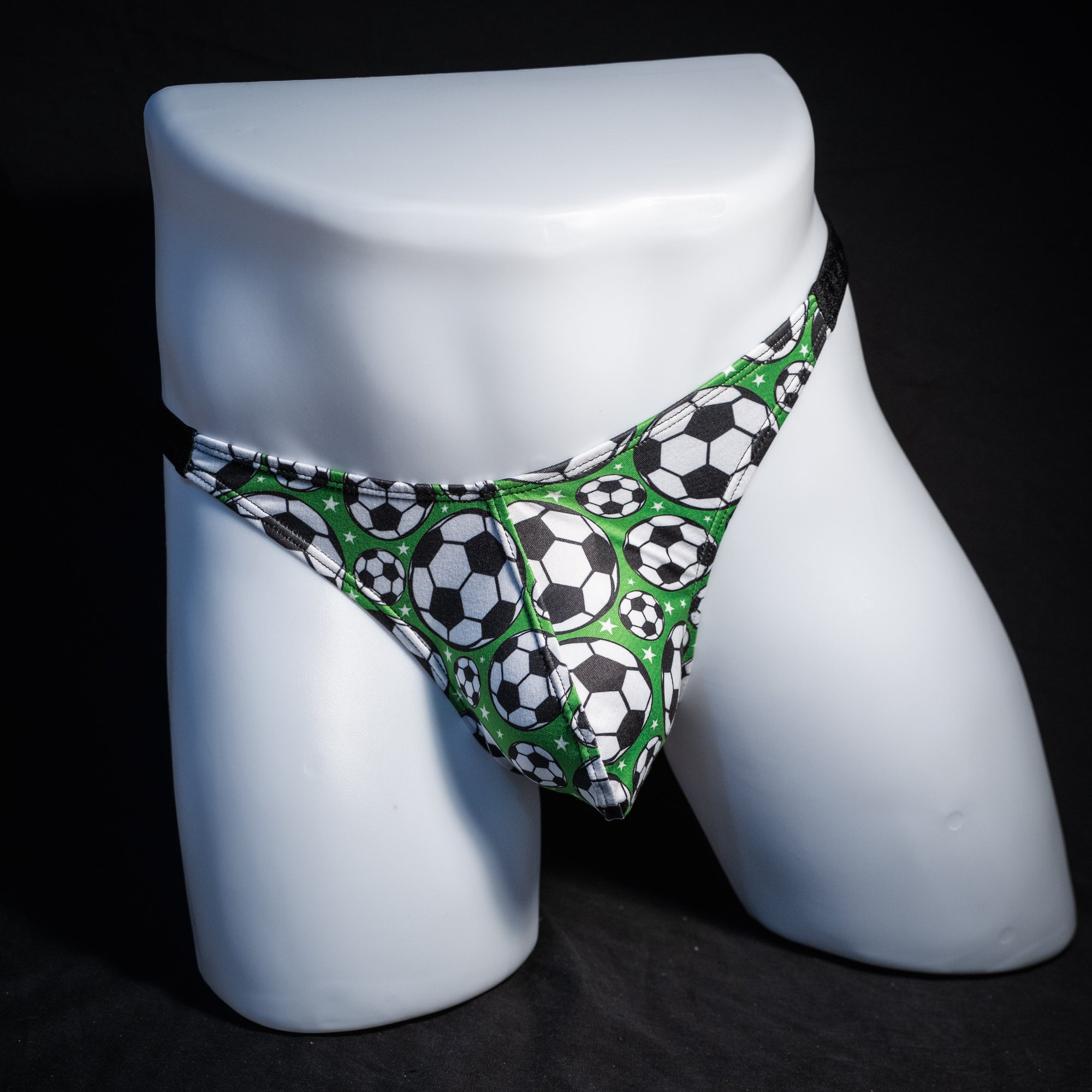 Men's soccer themed thong underwear, classic cut, front view.