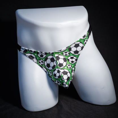 Men's soccer themed thong underwear, classic cut, front view.