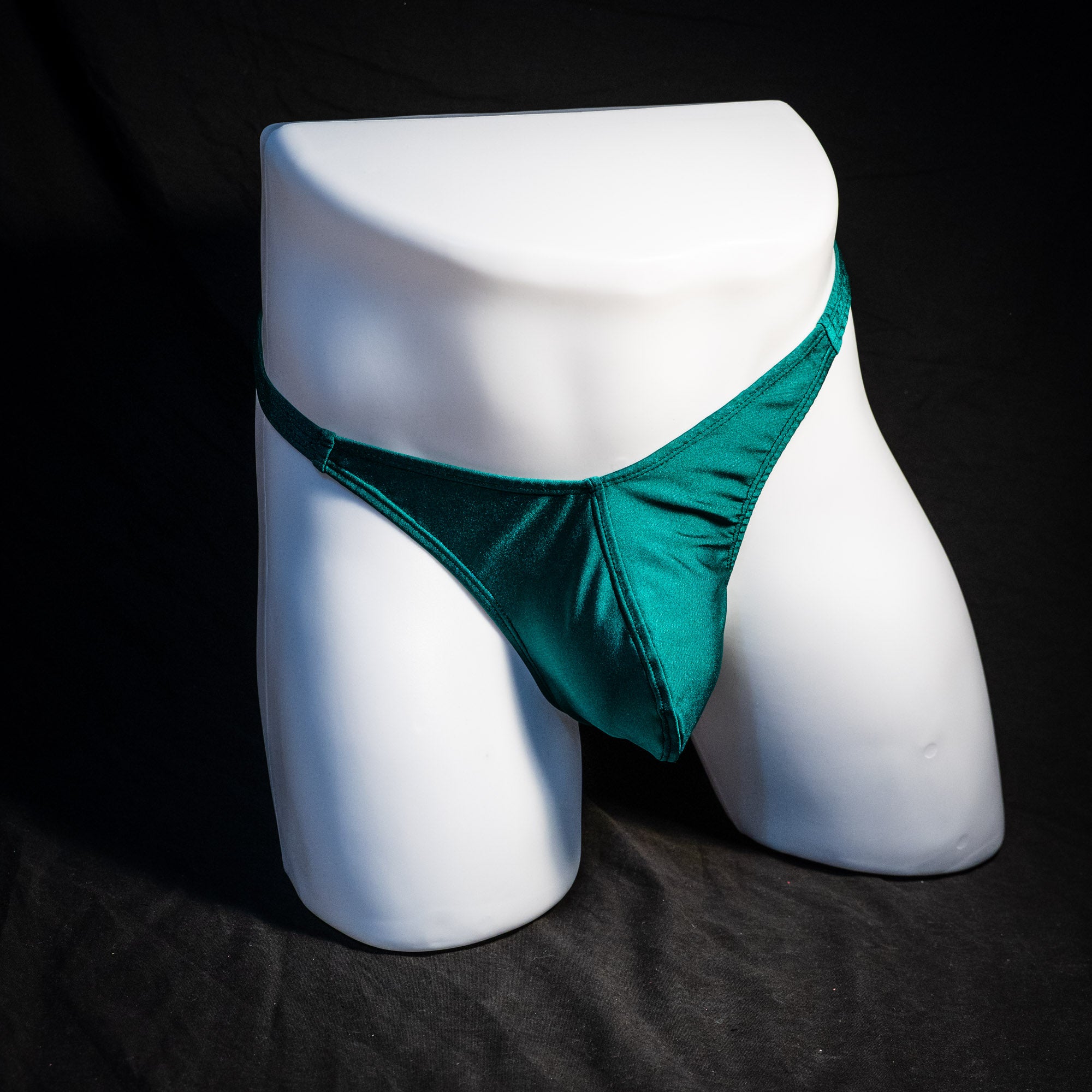 Men's forest green thong underwear, classic cut, Full front view