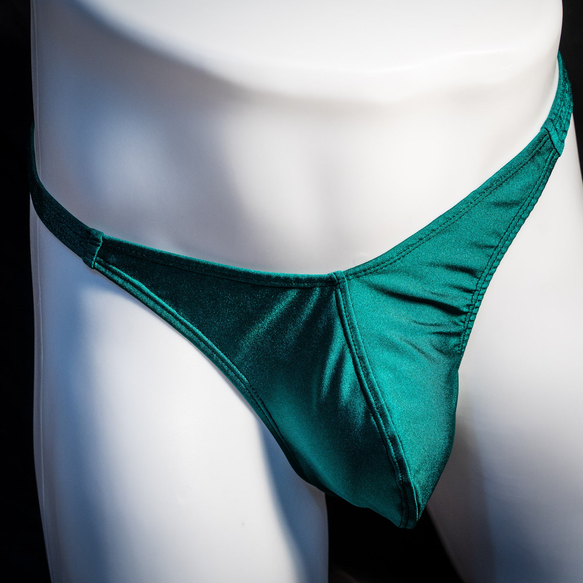 Men's forest green thong underwear, classic cut, Front view