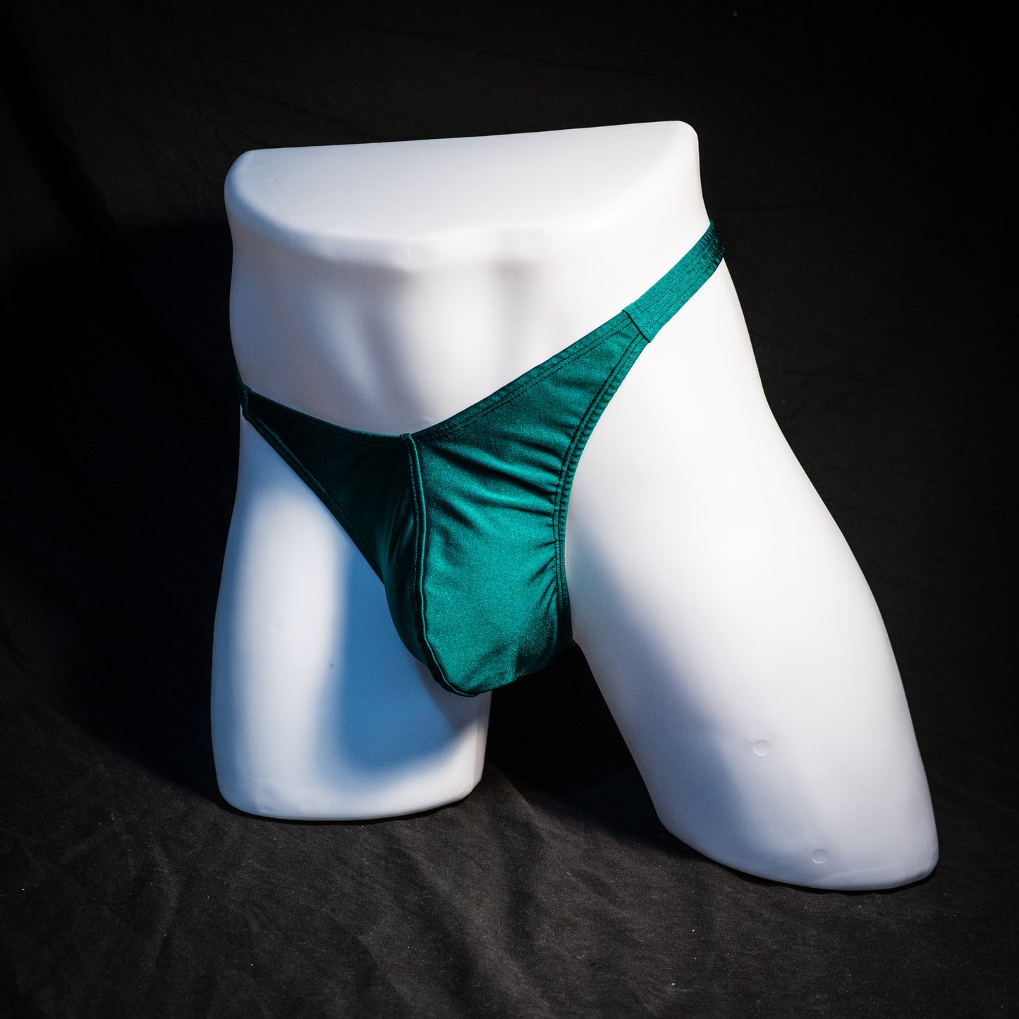 Men's forest green thong underwear, classic cut, Full front angled view