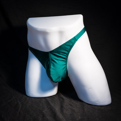 Men's forest green thong underwear, classic cut, Full front angled view