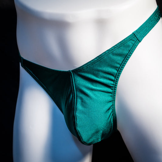 Men's forest green thong underwear, classic cut, Front angled view