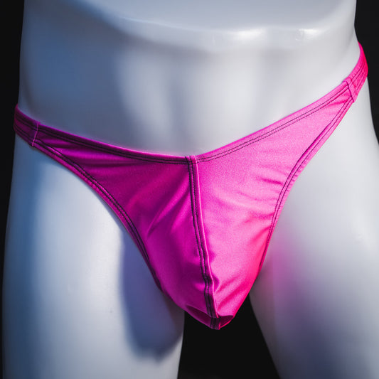 Men's solid pink thong underwear, classic cut, front view.