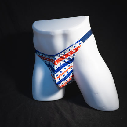 Men's patriotic thong underwear, classic cut, Full front angled view