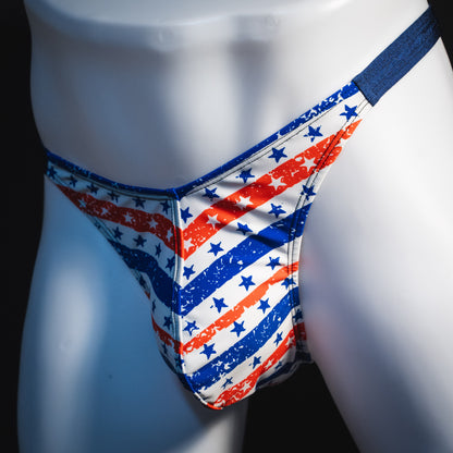 Men's patriotic thong underwear, classic cut, Front angled view