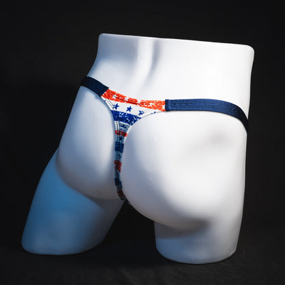 Men's patriotic thong underwear, classic cut, Full angled rear view