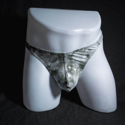 Men's grey tie dye with stars thong underwear, classic cut, full front view.