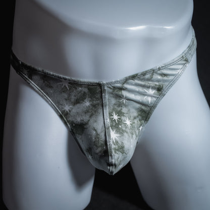 Men's grey tie dye with stars thong underwear, classic cut, front view.