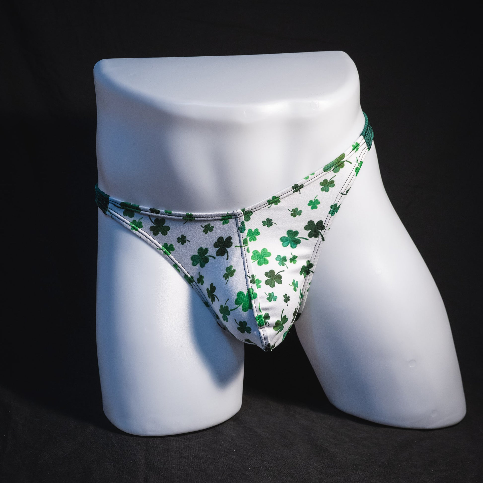 Men's shamrock thong underwear, classic cut, full front view.