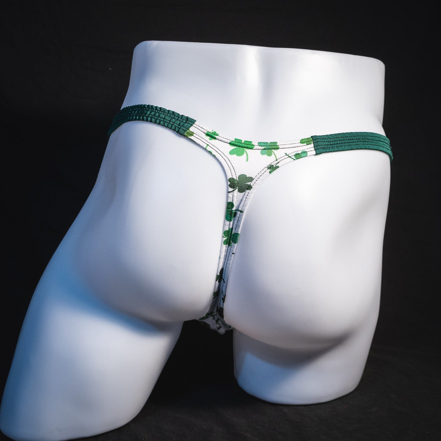 Men's shamrock thong underwear, classic cut, Full rear view.