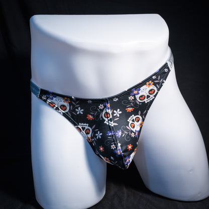 Men's sugar skull thong underwear. classic cut, front view.