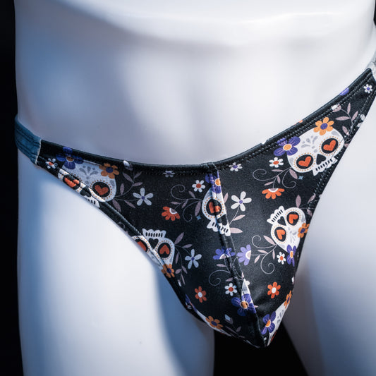 Men's sugar skull thong underwear. classic cut, front view.