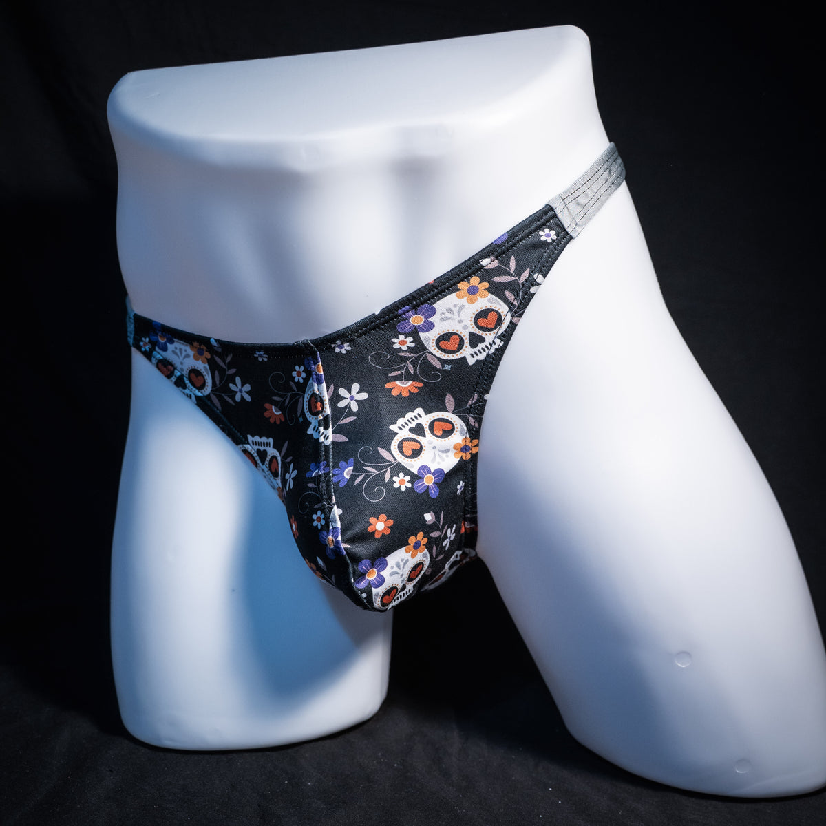 Men's sugar skull thong underwear. classic cut, front view.
