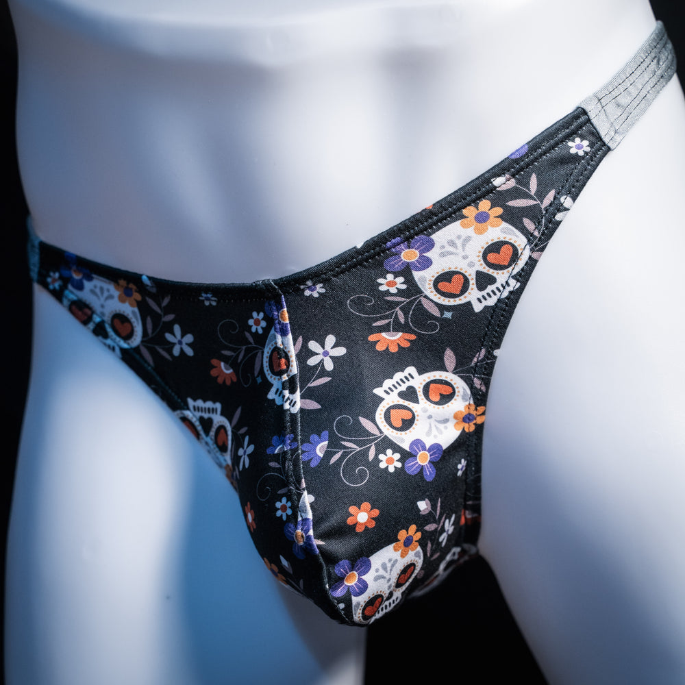 Men's sugar skull thong underwear. classic cut, front view.