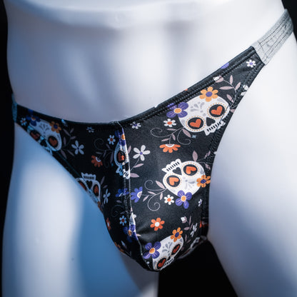 Men's sugar skull thong underwear. classic cut, front view.
