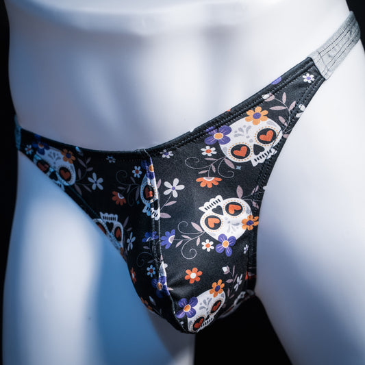 Men's sugar skull thong underwear. classic cut, front view.