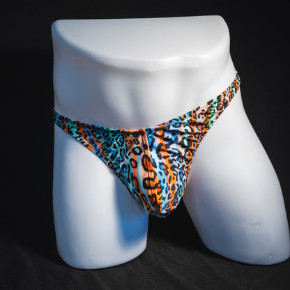 Men's colorful cheetah thong underwear, classic cut full front view.