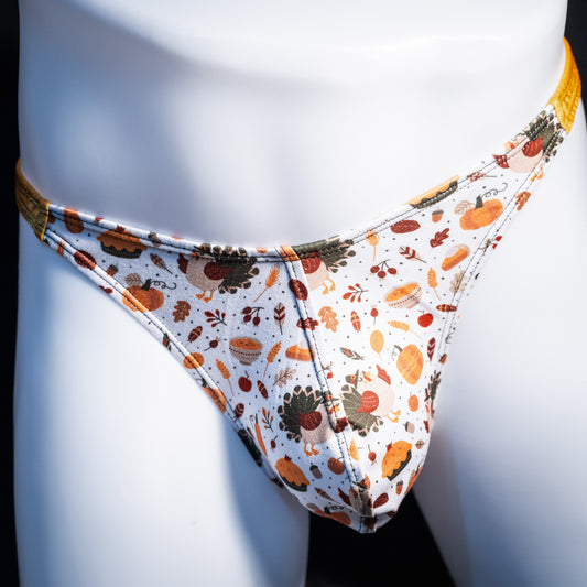Men's Thanksgiving themed thong underwear, classic cut, front view.