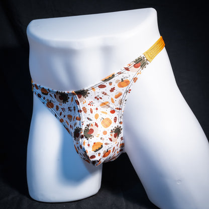 Men's Thanksgiving themed thong underwear, classic cut, front view.