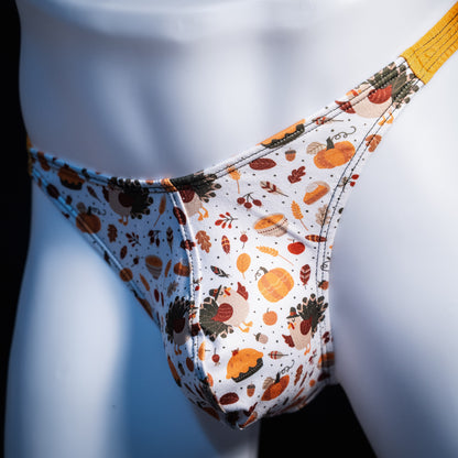 Men's Thanksgiving themed thong underwear, classic cut, front view.