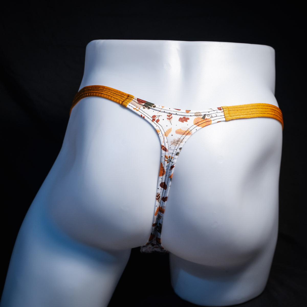 Men's Thanksgiving themed thong underwear, classic cut, rear view.