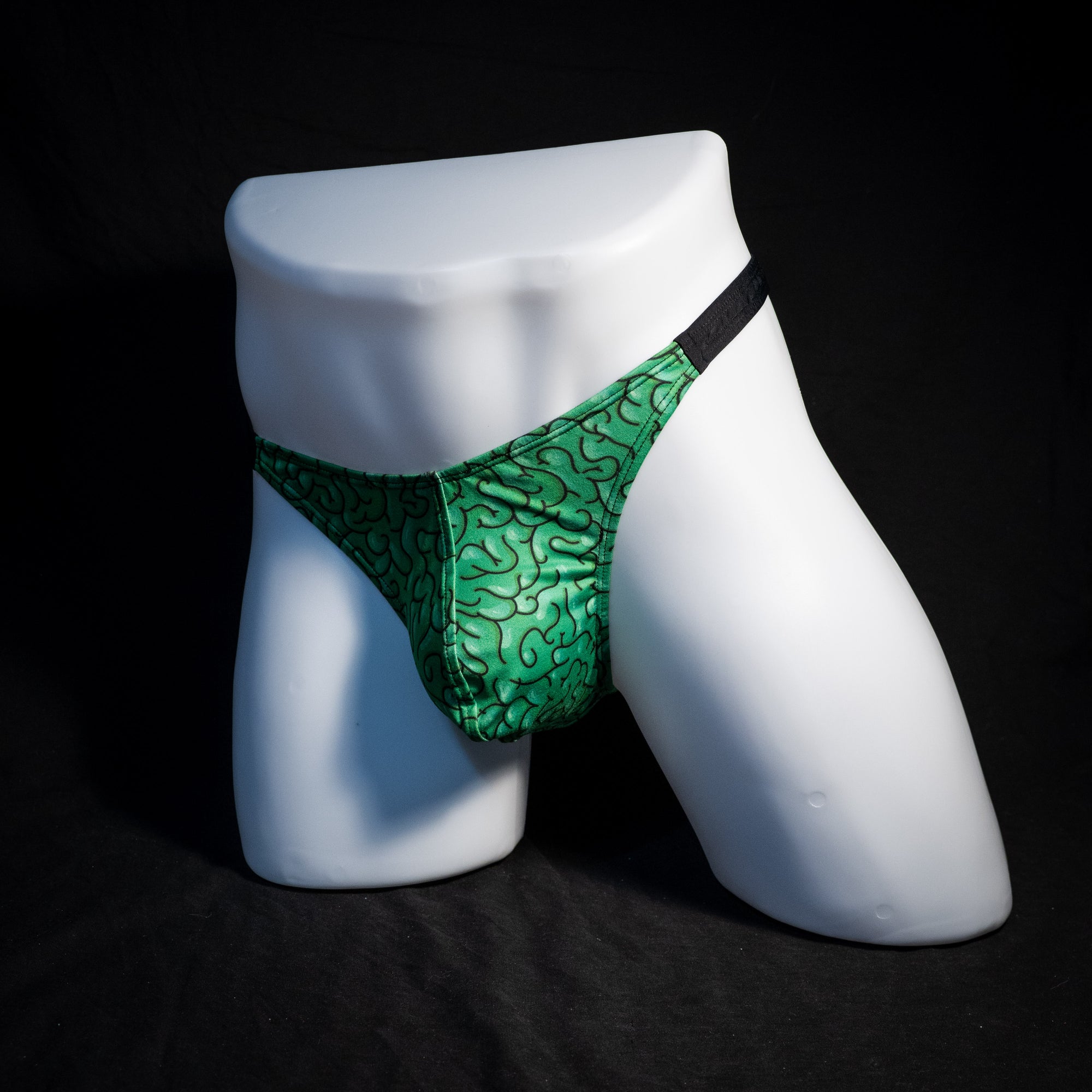 Men's thong underwear with brains print, classic cut, Full front angled view