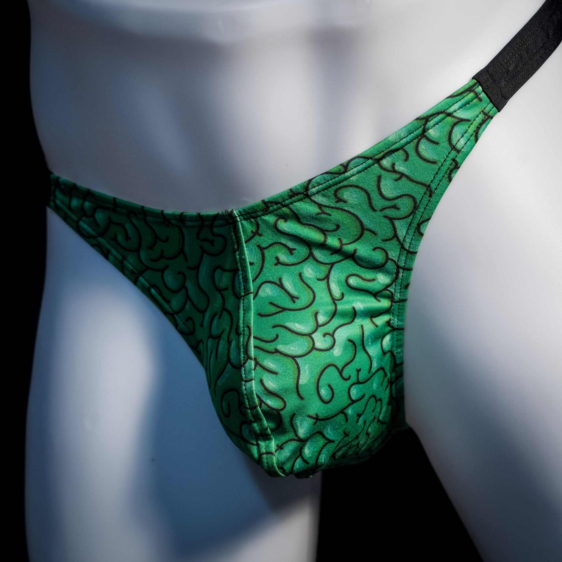 Men's thong underwear with brains print, classic cut, Front angled view