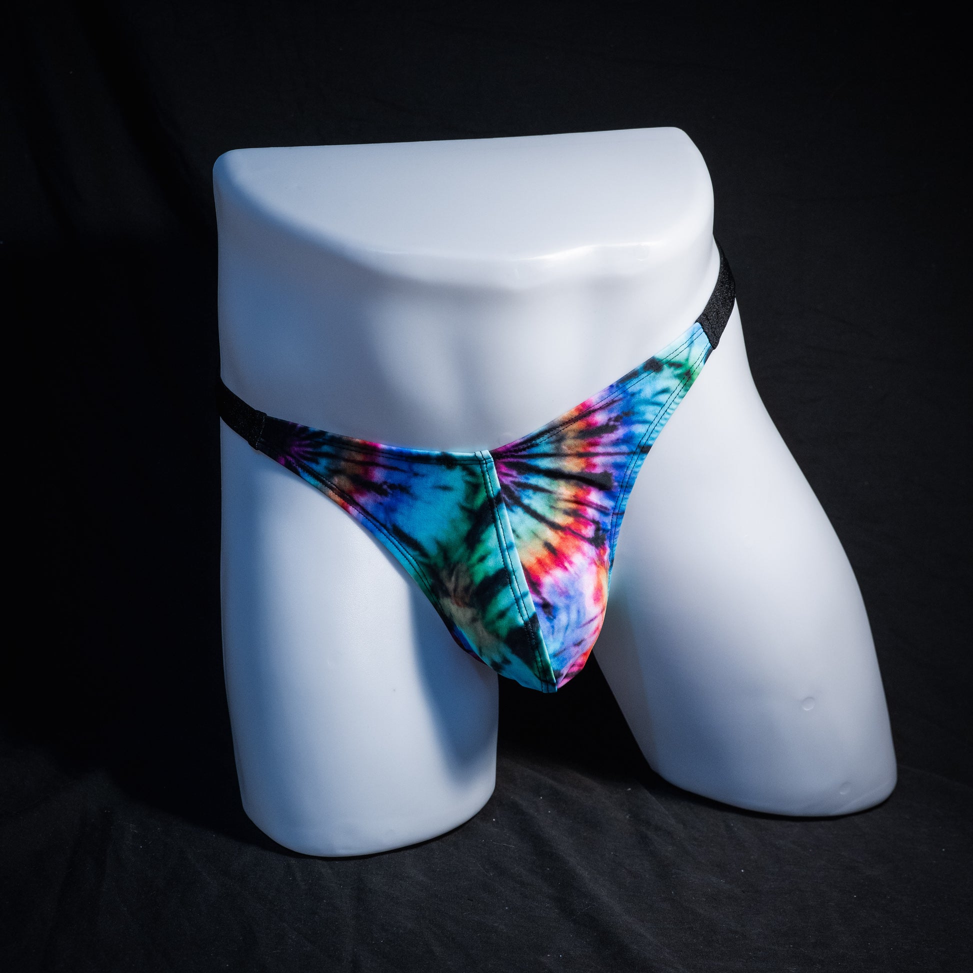 Men's tie dye thong underwear, classic cut, Full front view
