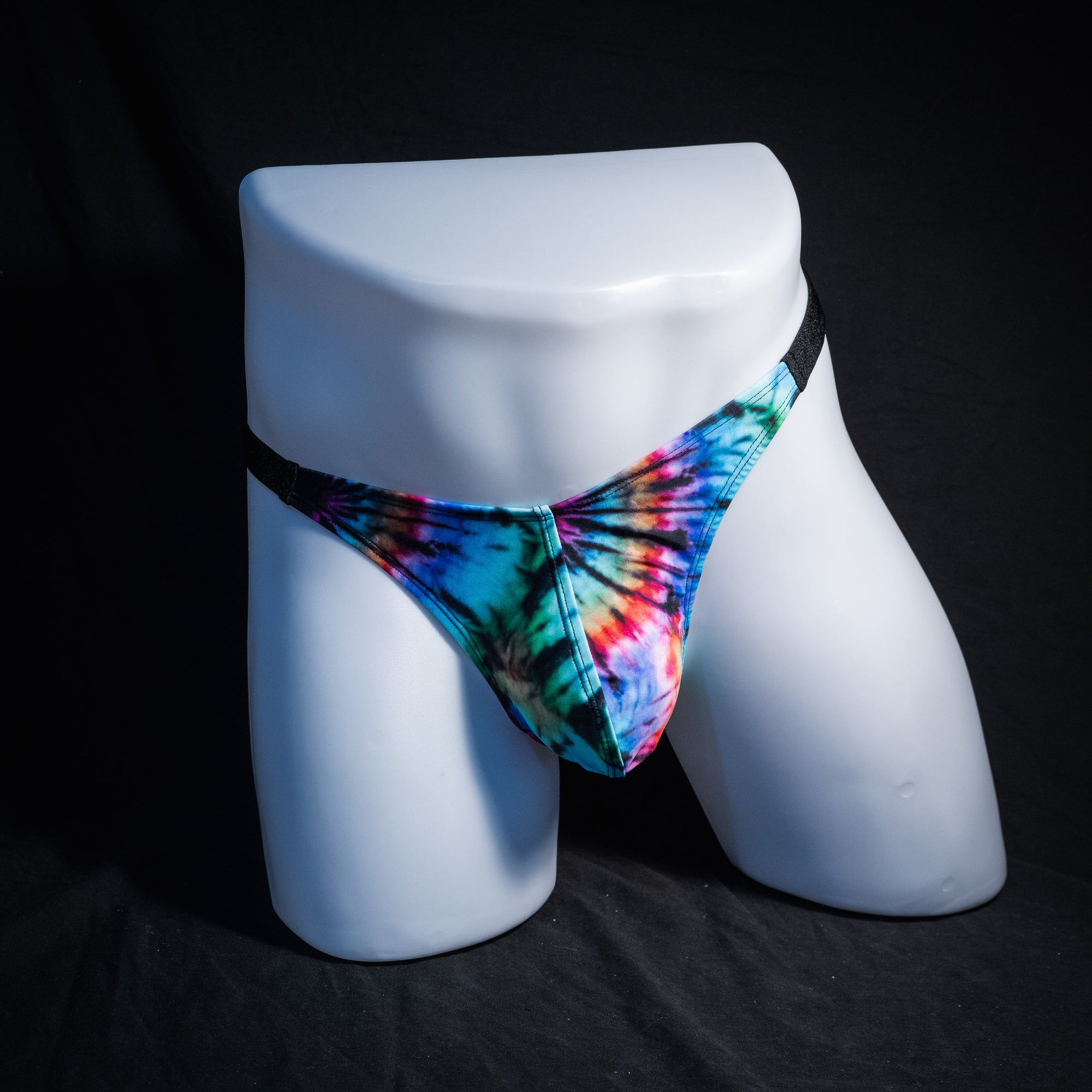 Men's tie dye thong underwear, classic cut, Full front view