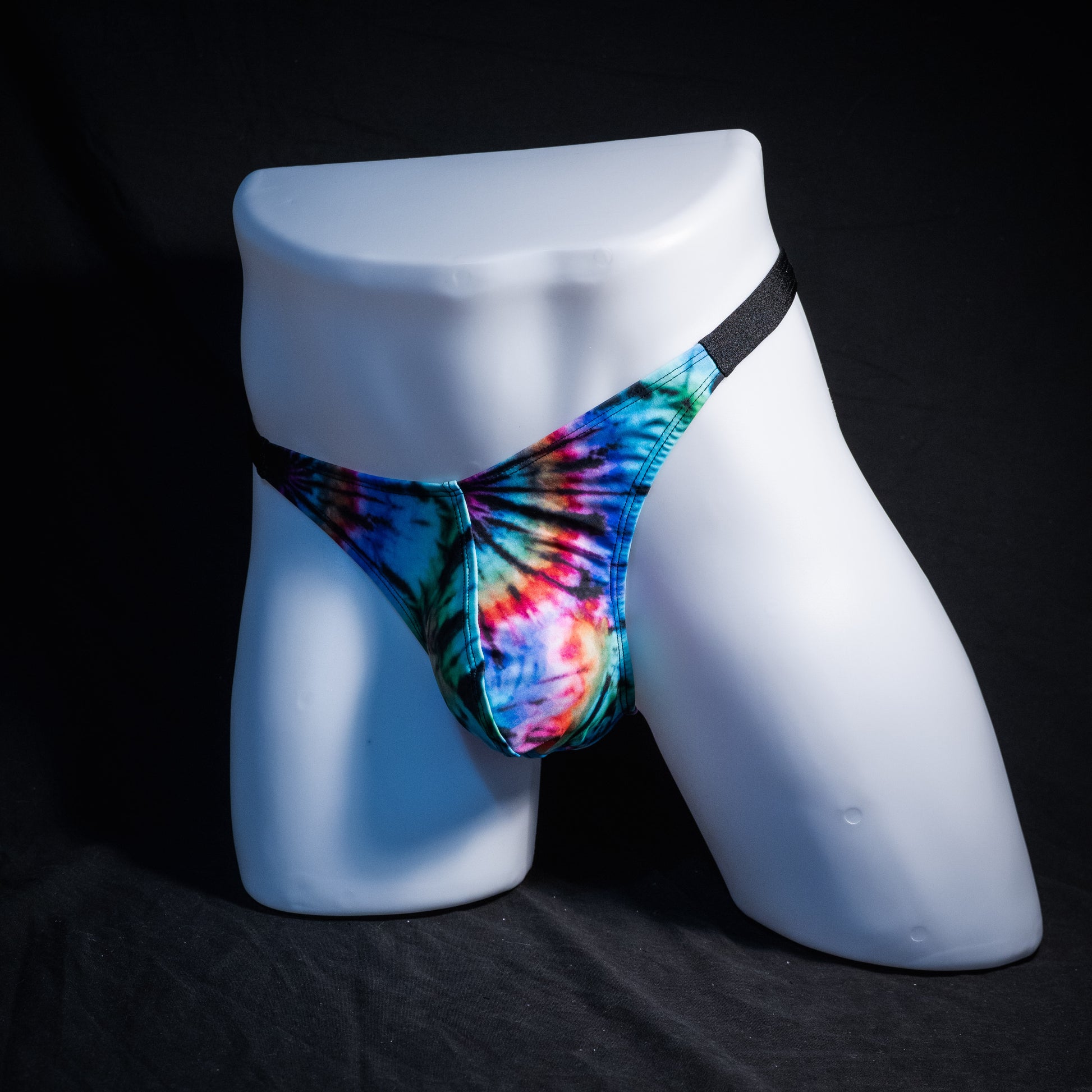 Men's tie dye thong underwear, classic cut, Full front angled view