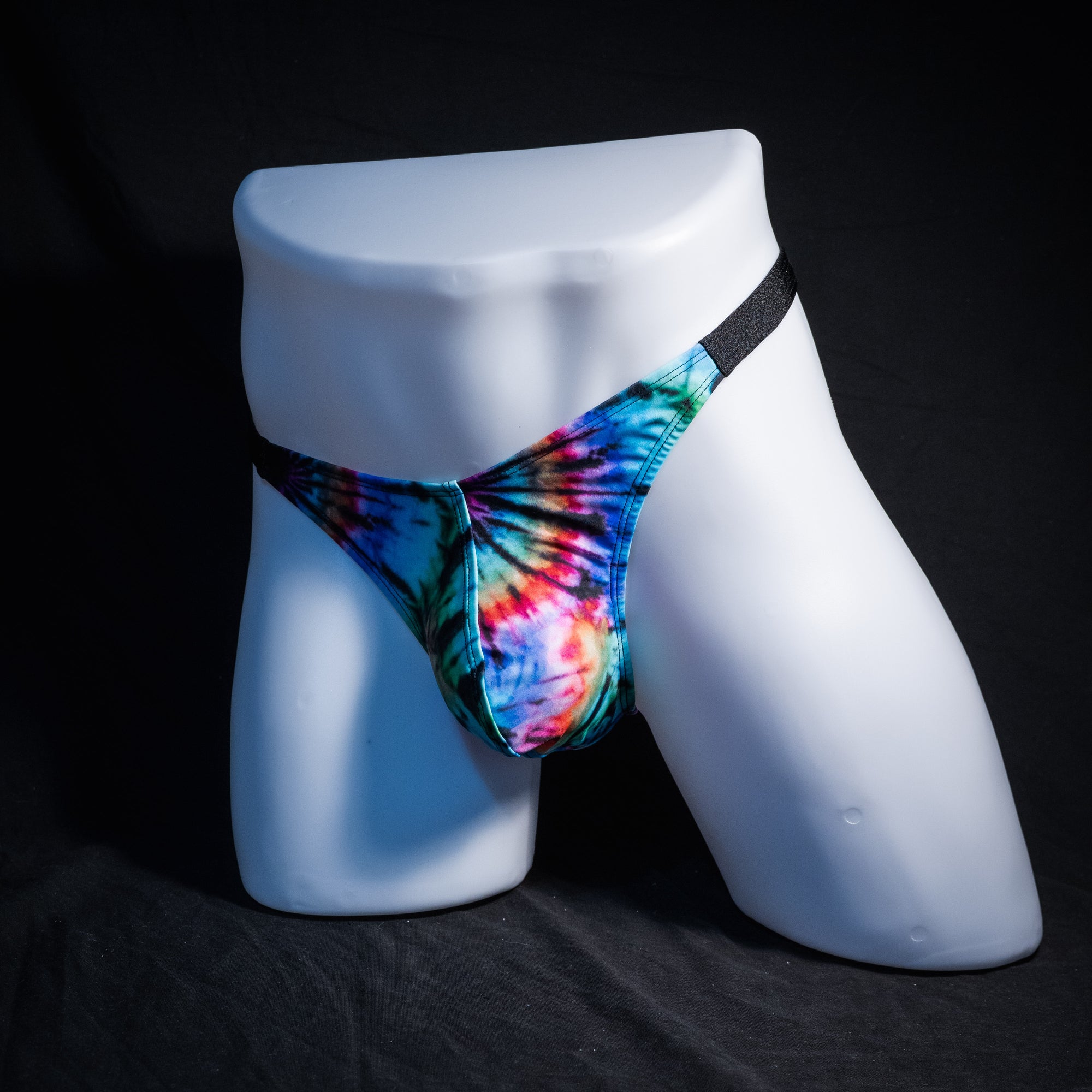 Men's tie dye thong underwear, classic cut, Full front angled view