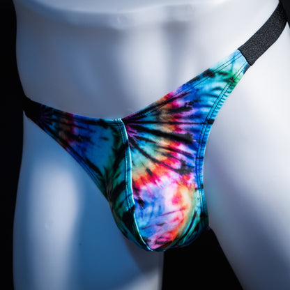 Men's tie dye thong underwear, classic cut, Front angled view
