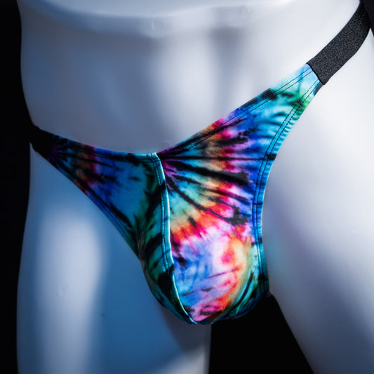 Men's tie dye thong underwear, classic cut, Front angled view