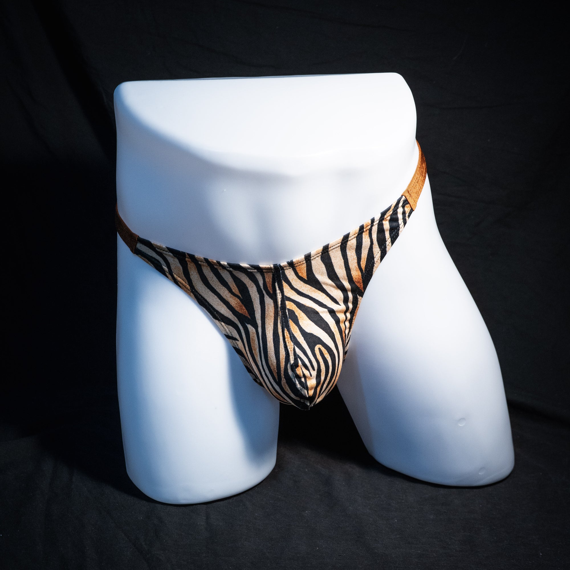 Men's tiger stripe thong underwear, classic cut, Full front view