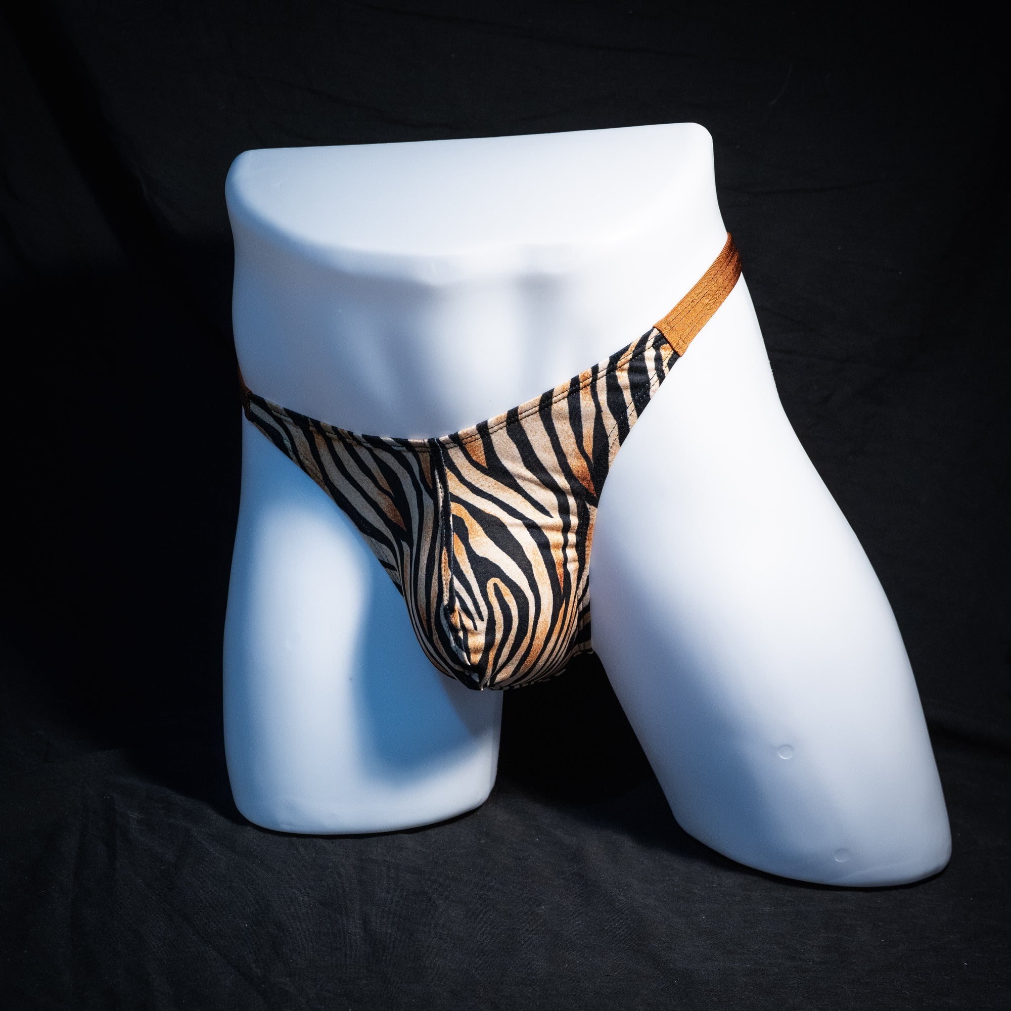 Men's tiger stripe thong underwear, classic cut, Full front angled view