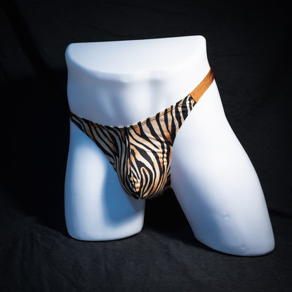 Men's tiger stripe thong underwear, classic cut, Full front angled view