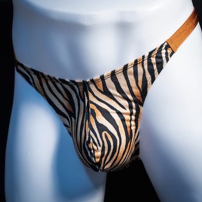 Men's tiger stripe thong underwear, classic cut, front angled view