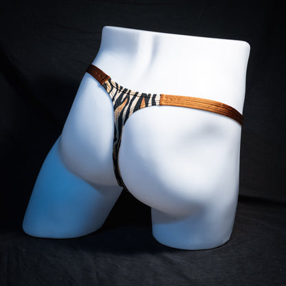 Men's tiger stripe thong underwear, classic cut, Full rear angled view